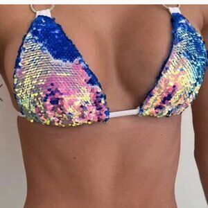 BEACH BUNNY Siren Song Tie Side Bikini Set Blue Sequins